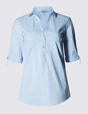 3/4 Sleeve Striped Popover Fuller Bust Shirt